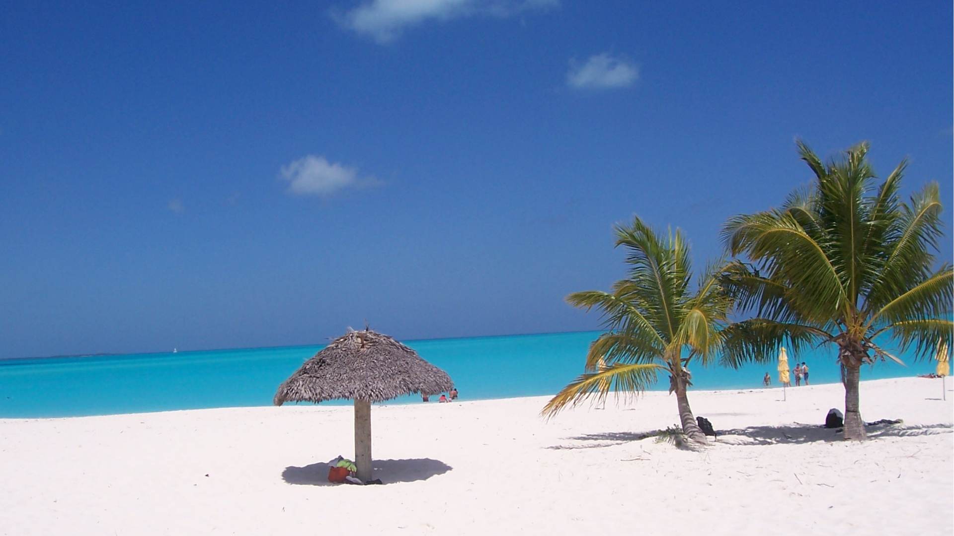 A palm-backed white-sand crescent with a thatched umbrella, turquoise shallows beyond