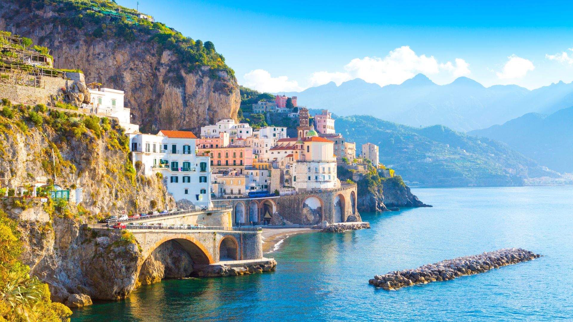 Amalfi town from the water — the Cathedral of Sant'Andrea above the harbor