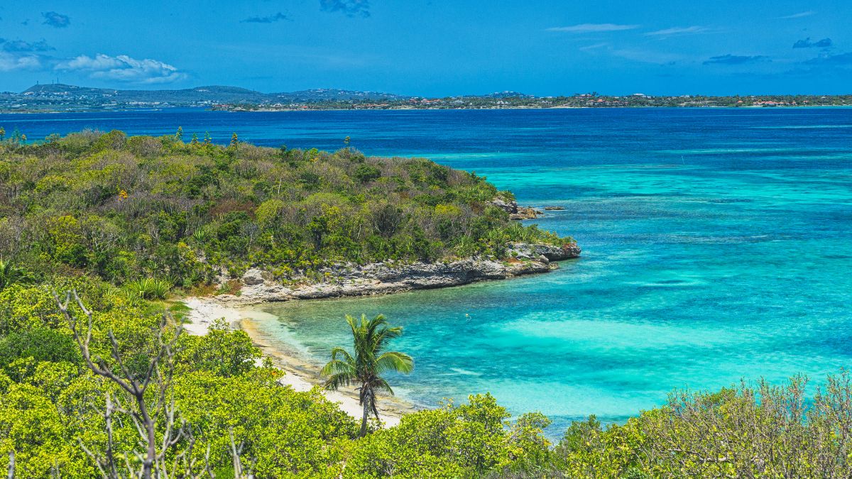 Green Island, inside the barrier reef of Nonsuch Bay — flat, clear, turquoise water back on Antigua's windward coast after the open run from Barbuda.