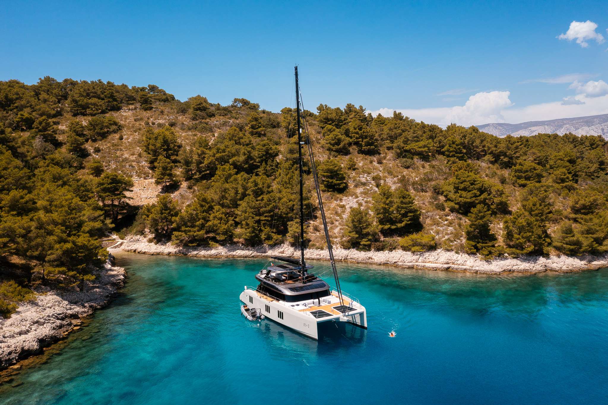 Crewed catamaran at anchor in a pine-rimmed Croatian cove