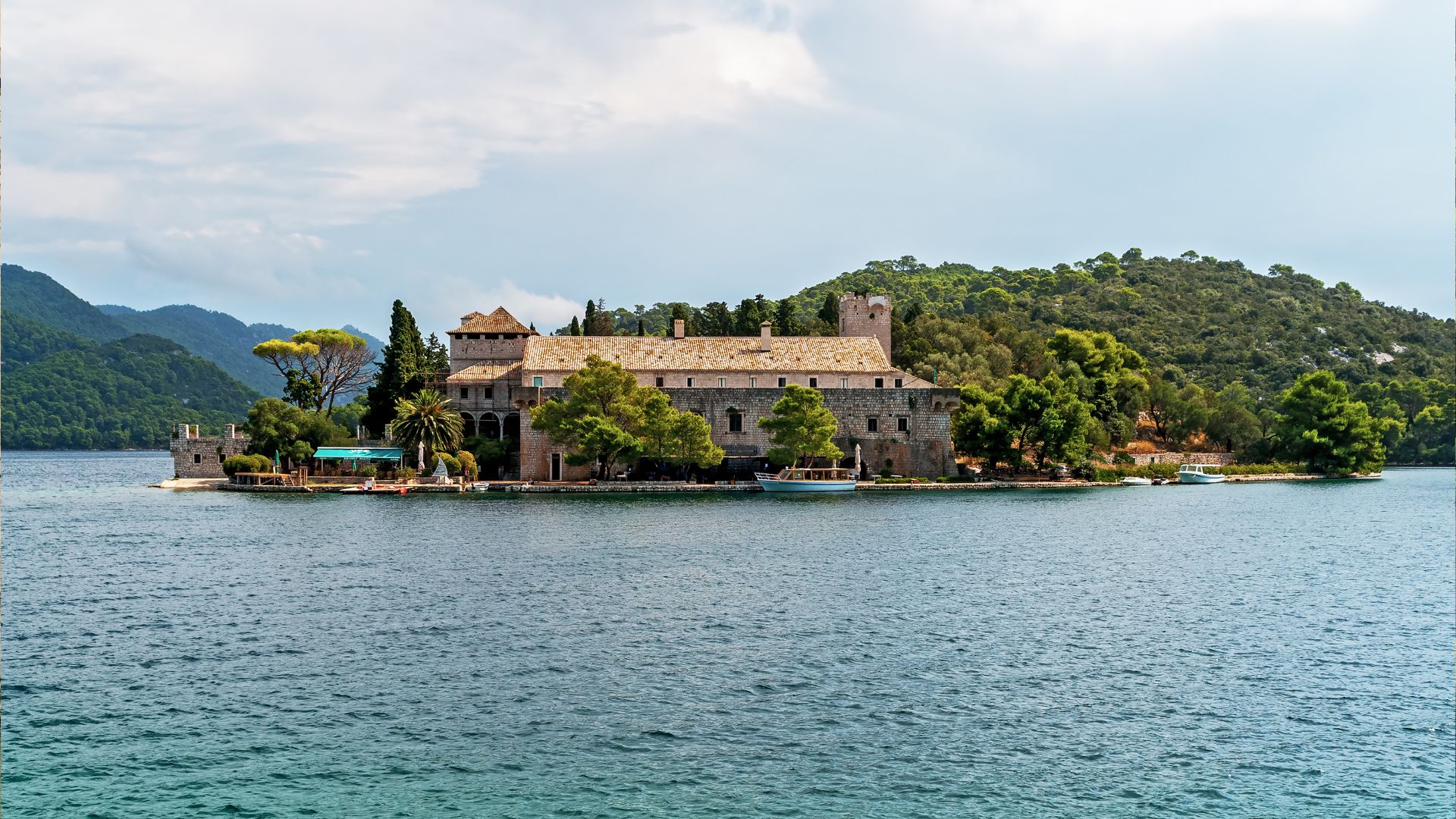 St. Mary's Islet and its Benedictine monastery on the large saltwater lake inside Mljet National Park.