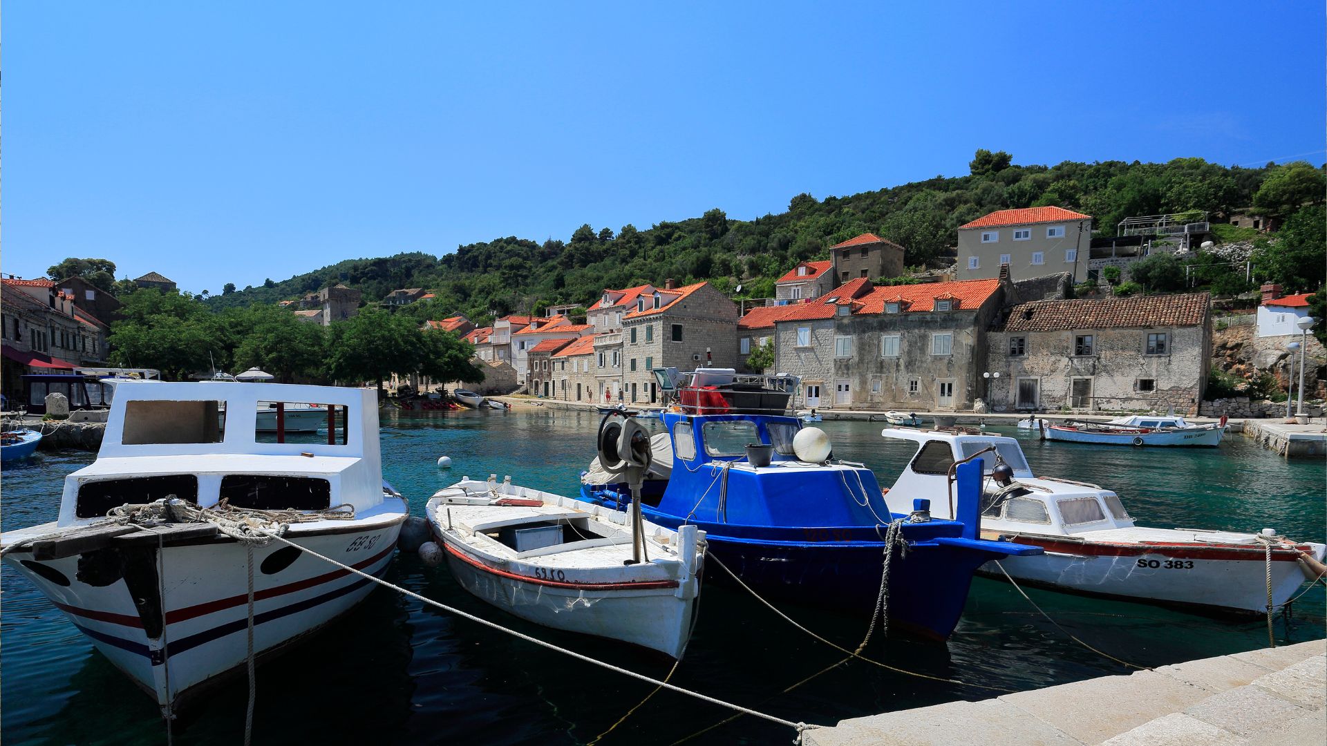 The car-free stone harbor of Šipan in the Elaphiti Islands.