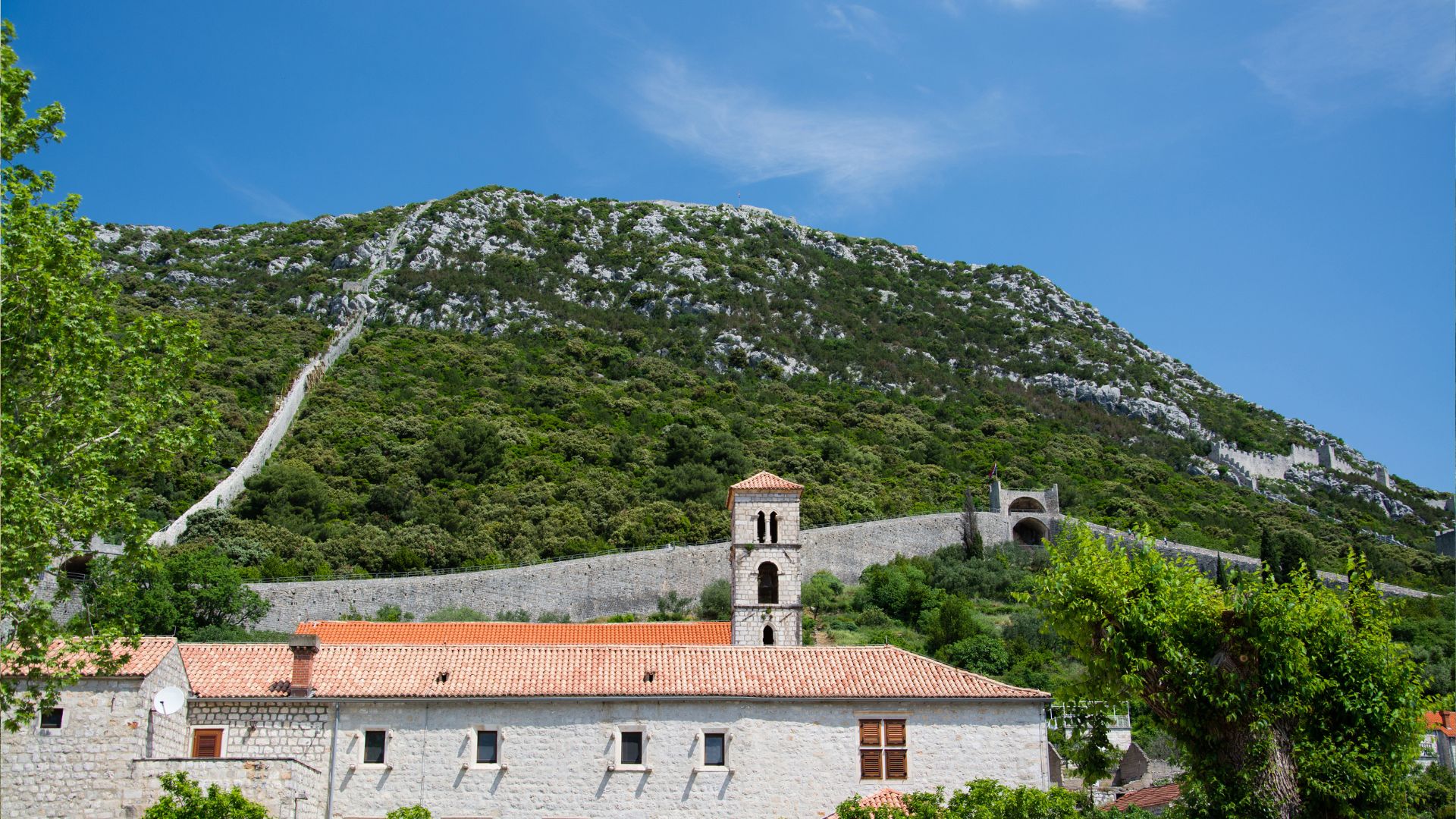 The fortified walls above the Ston salt pans and oyster-farming bay.