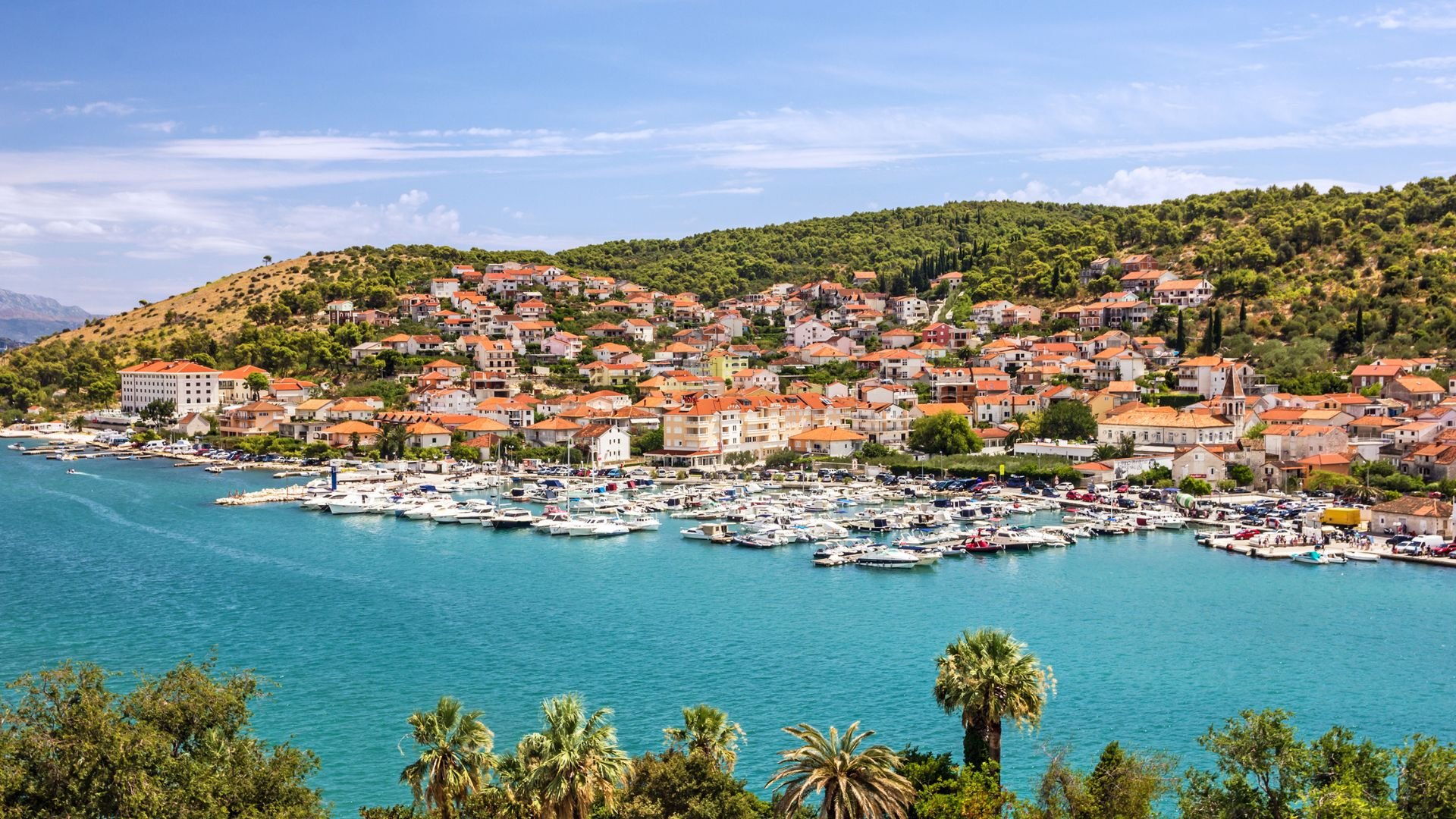 Panorama of the Trogir area and its marina from above.