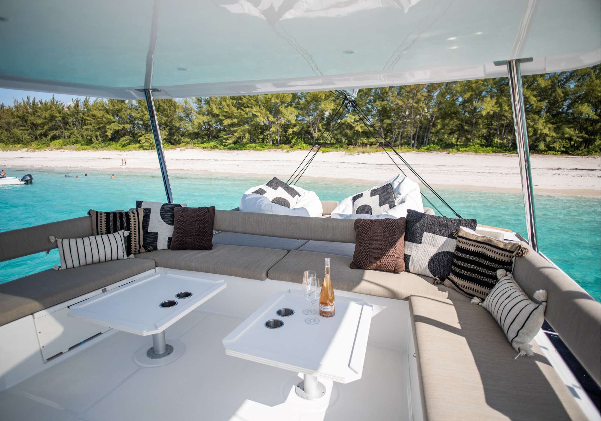 Sundeck lounge of a crewed catamaran in the Exuma Bahamas