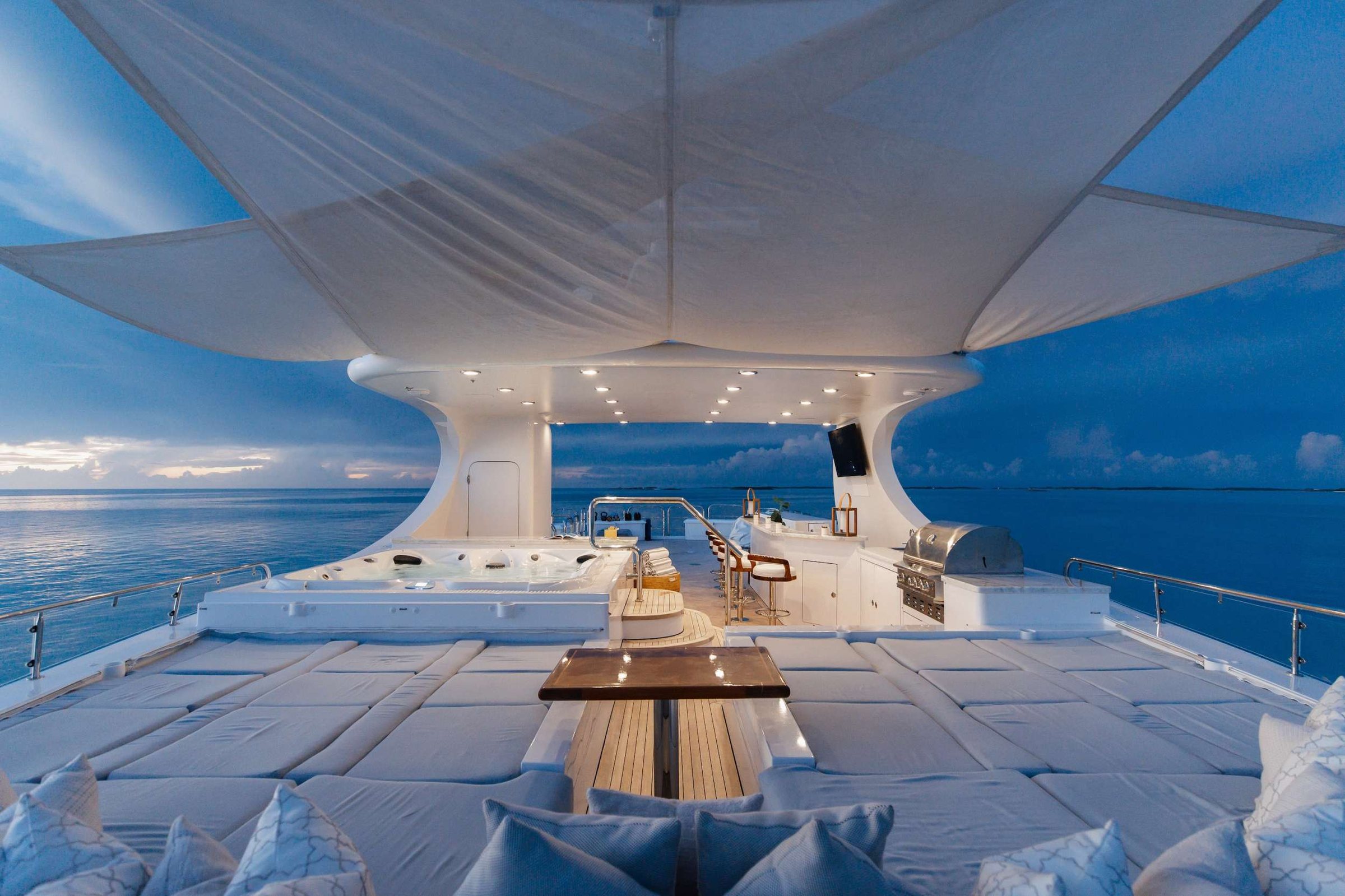 The final night stays out in the islands — the sundeck at dusk.