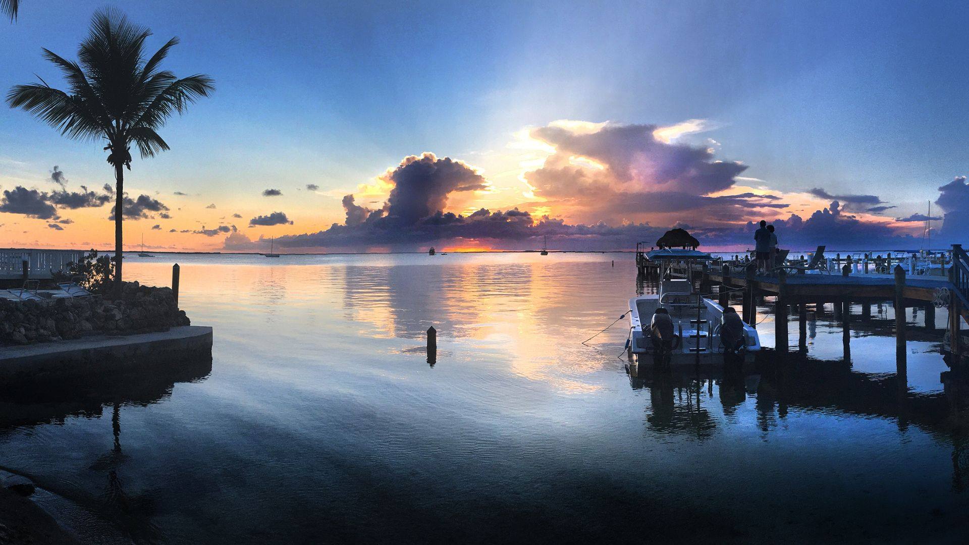 Key Largo's bay side at last light — the trip's second-to-last sunset, dockside.