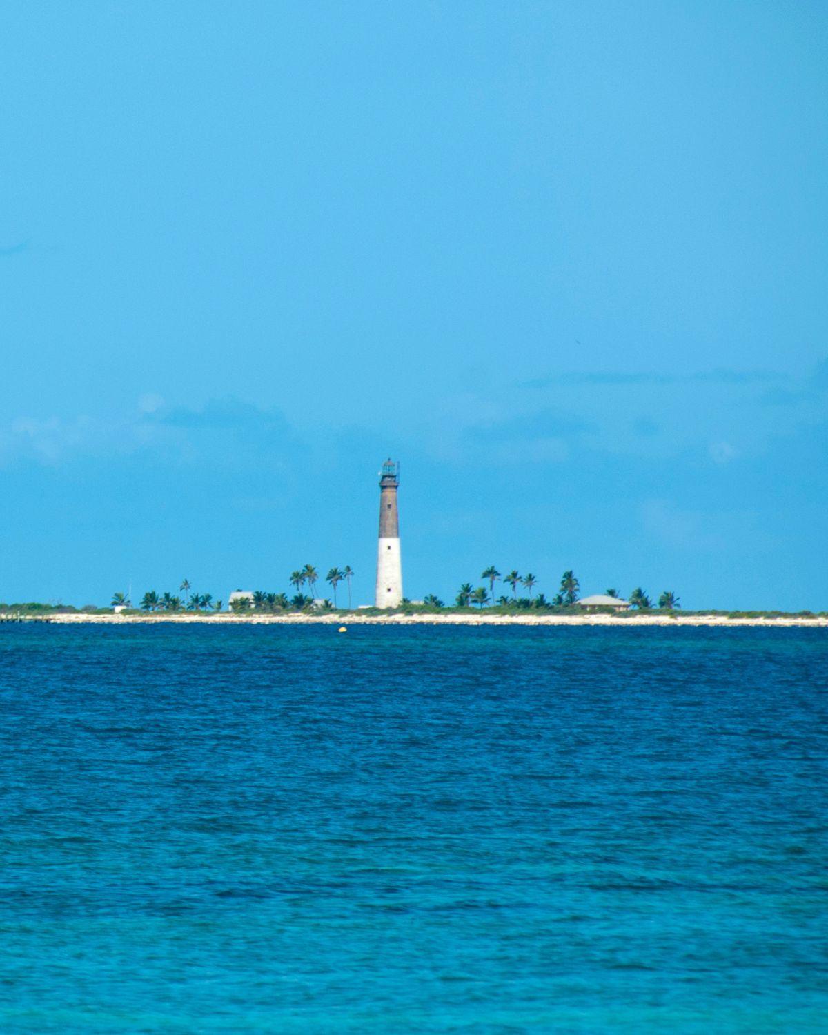 Loggerhead Key's lighthouse rising over the horizon line from deep blue water, portrait frame