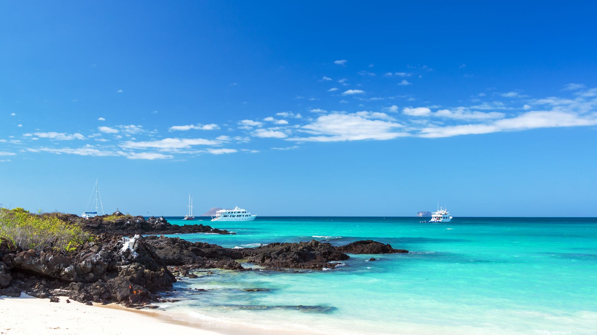 Bachas Beach on Santa Cruz — turquoise water in a lava-rimmed cove