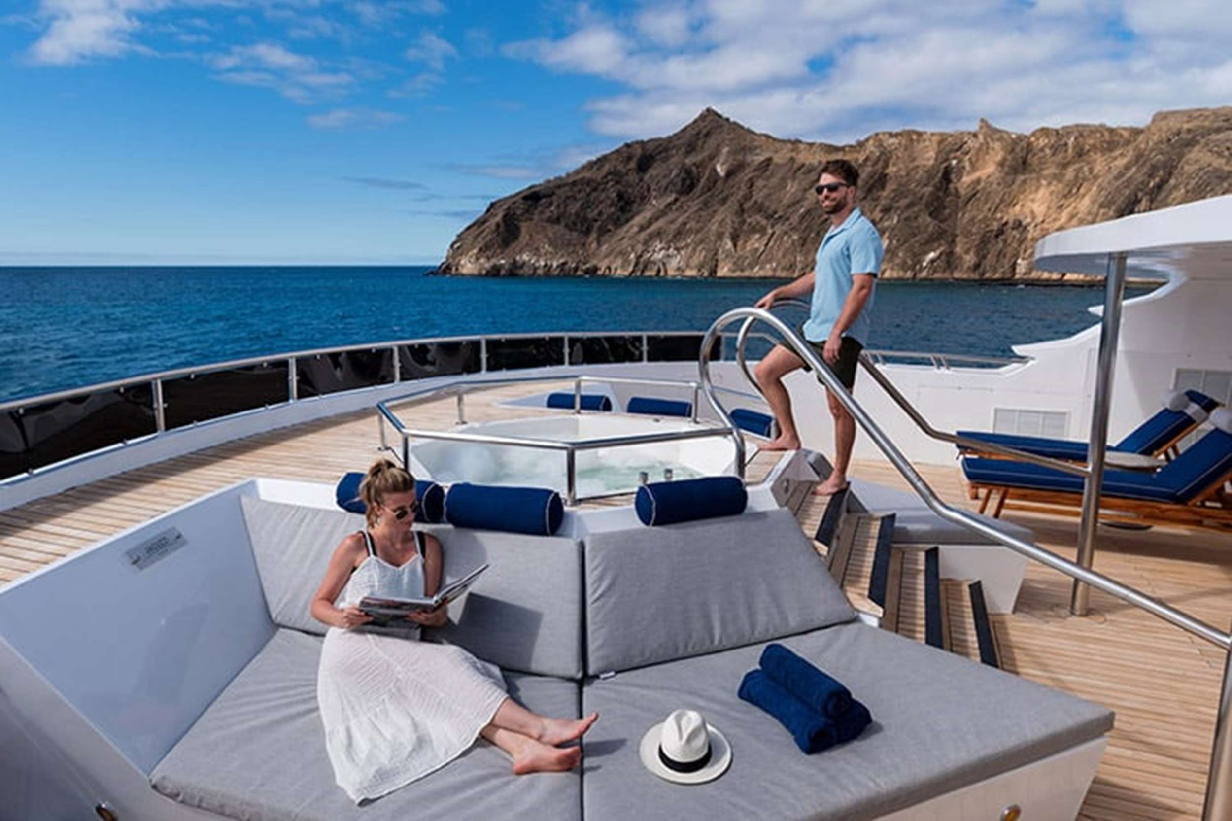 Guests on the upper deck of an expedition yacht