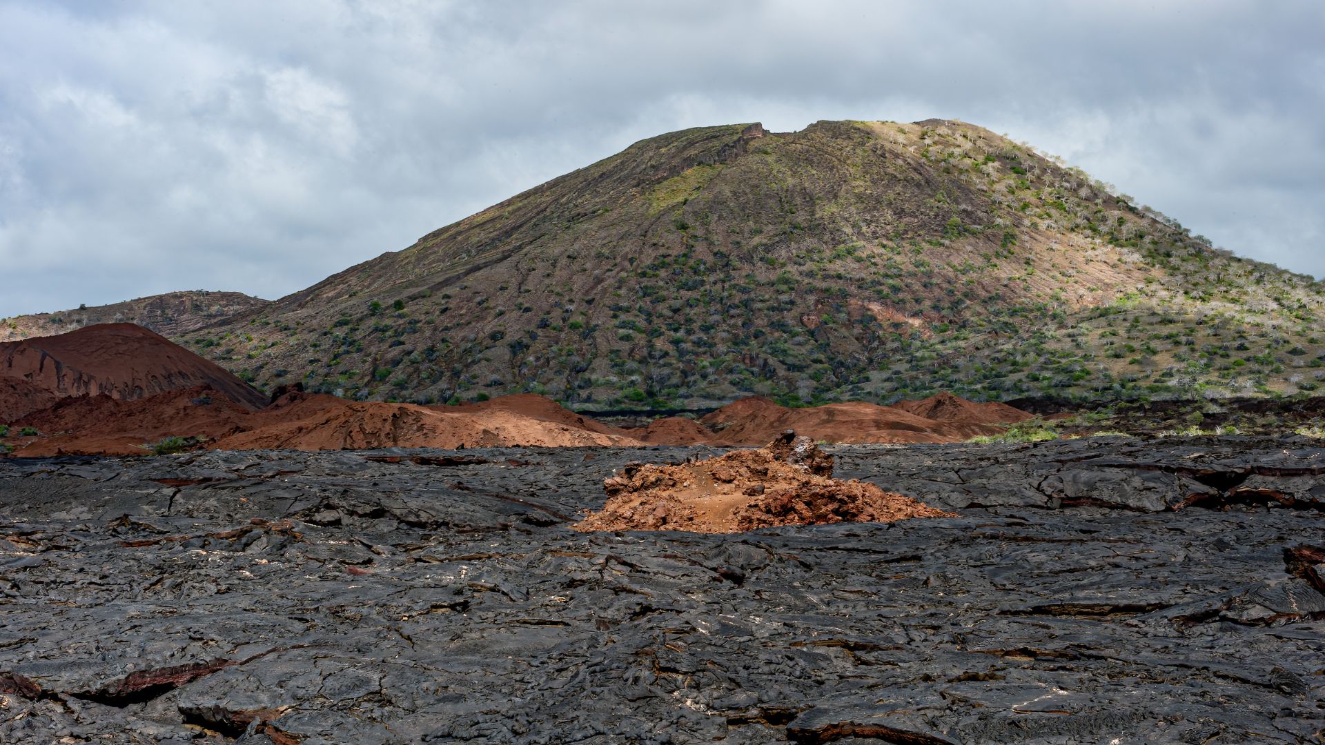 Black volcanic lava and a parasitic cone in the western Galapagos