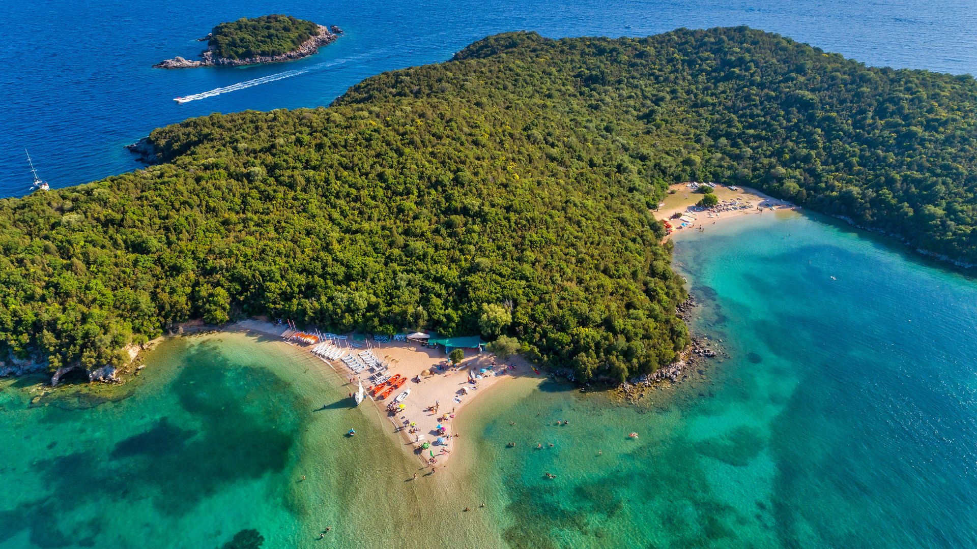Bella Vraka Beach and its wade-across sandbar near Syvota.