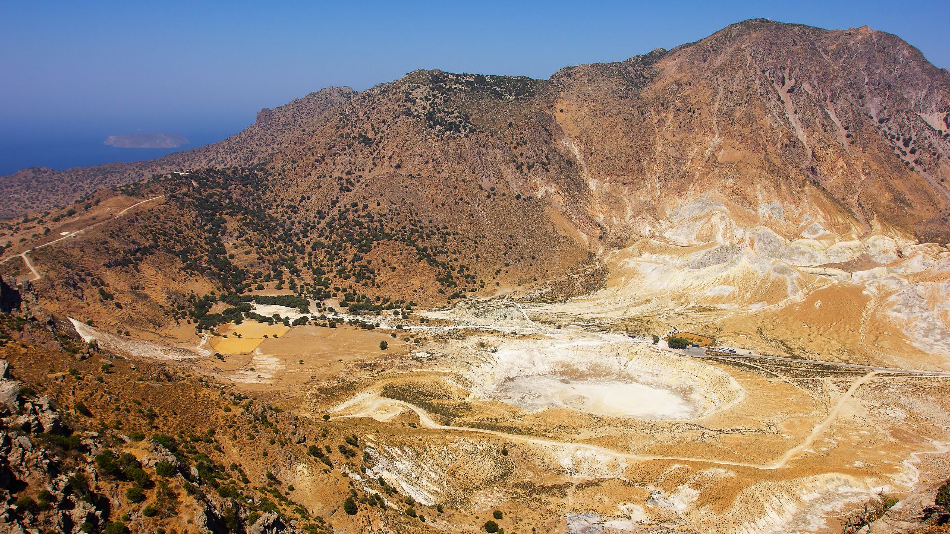 The steaming caldera of the active volcano on Nisyros.