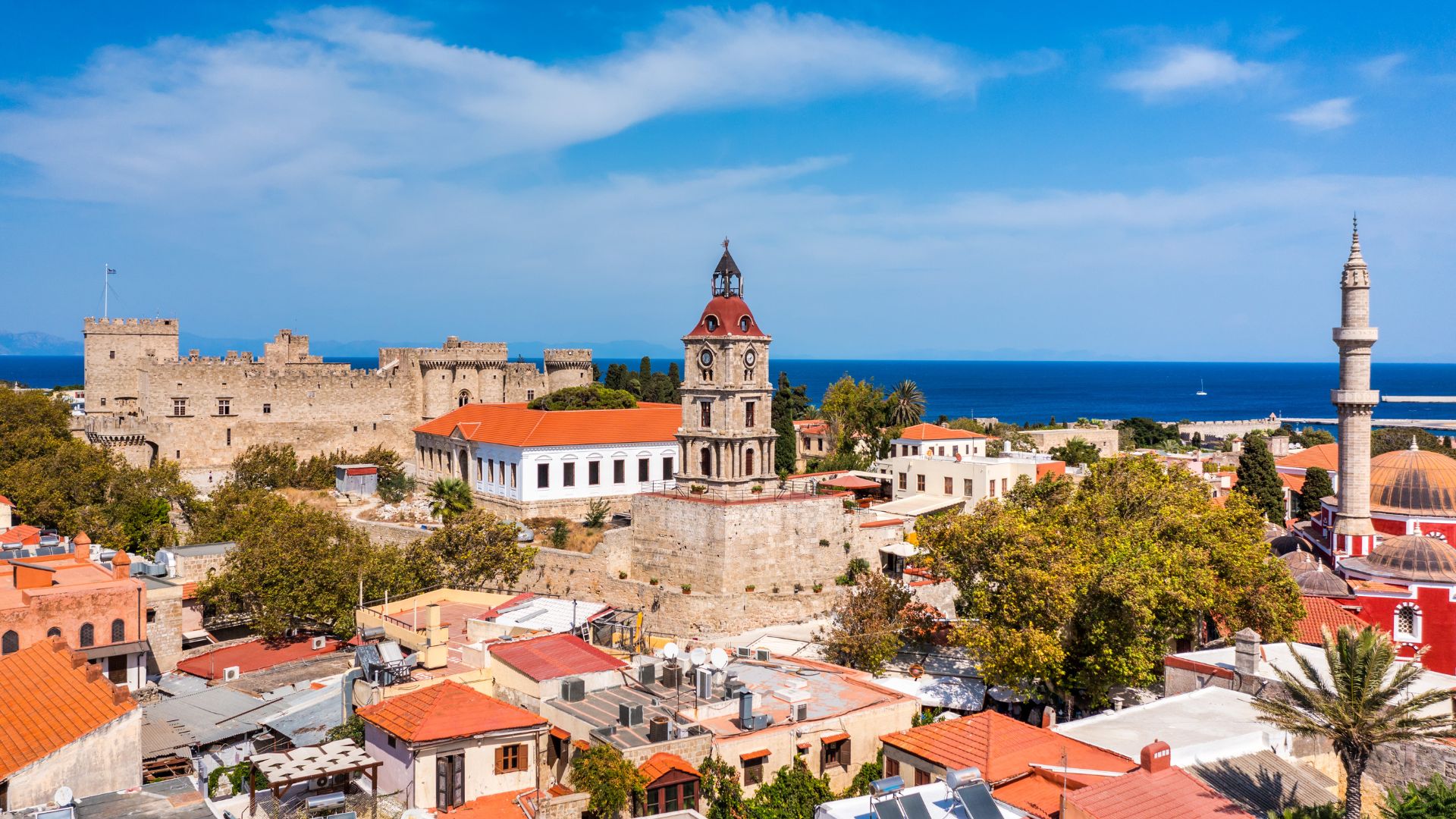 The medieval walled city of Rhodes Old Town from above.