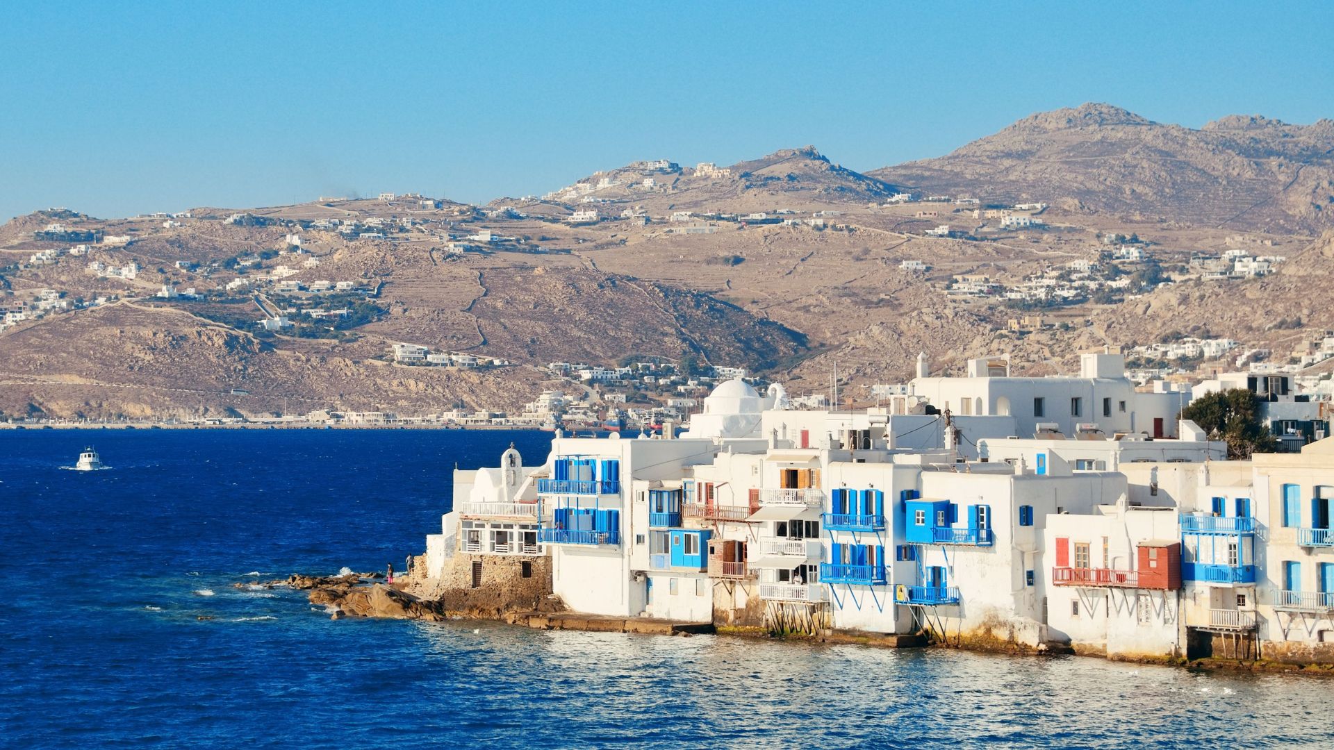 Little Venice waterfront, Mykonos — Cyclades sunset