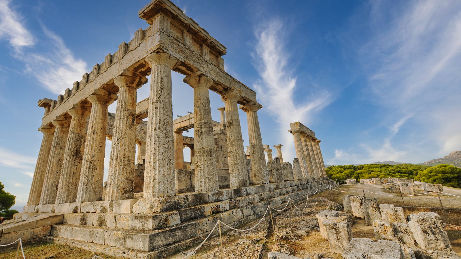Doric temple ruins on a hillside above Aegina.