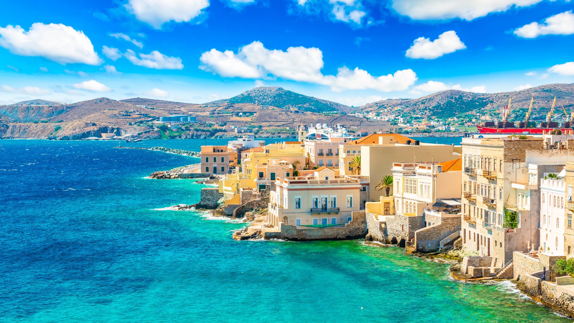 Neoclassical Italianate facades along the harbor at Ermoupoli on Syros.