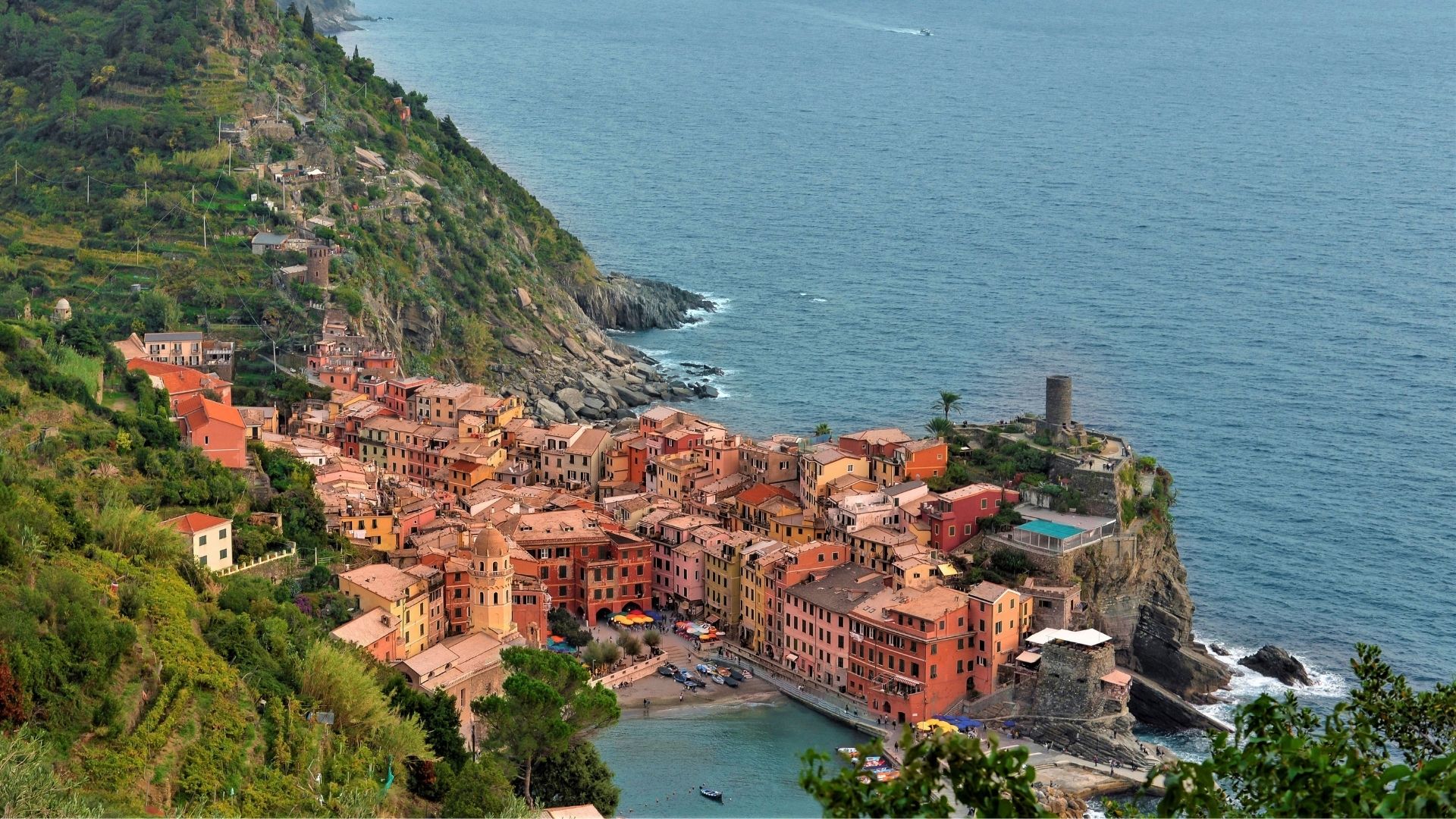 Vertical view of a Cinque Terre village stacked above the Mediterranean