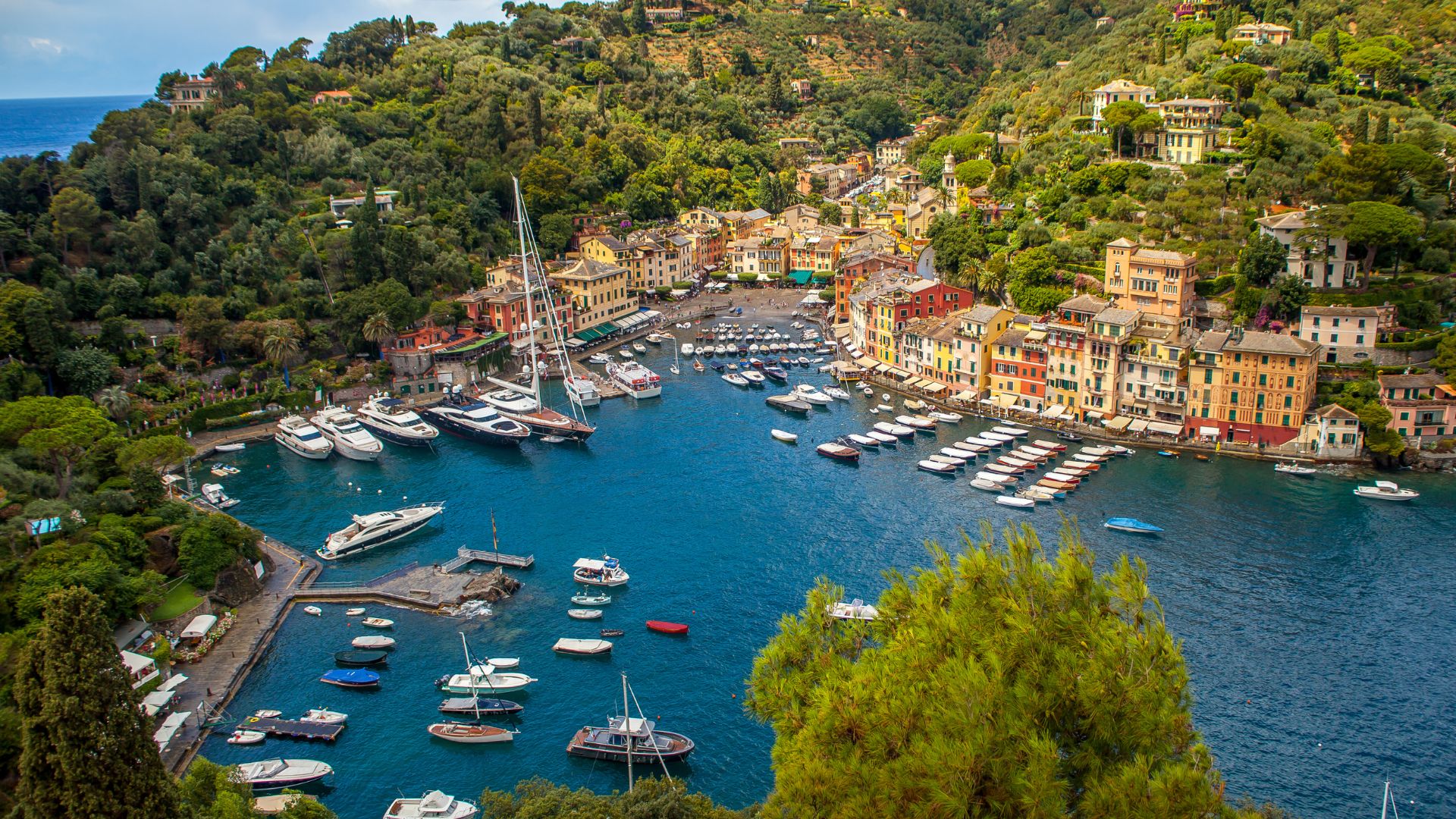 Portofino's harbor amphitheater — the cove walks end to end in five minutes, Castello Brown sits on the headland above. The harbor basin holds about a dozen yachts inside the breakwater; larger motor yachts anchor in Paraggi Bay a short tender ride west.