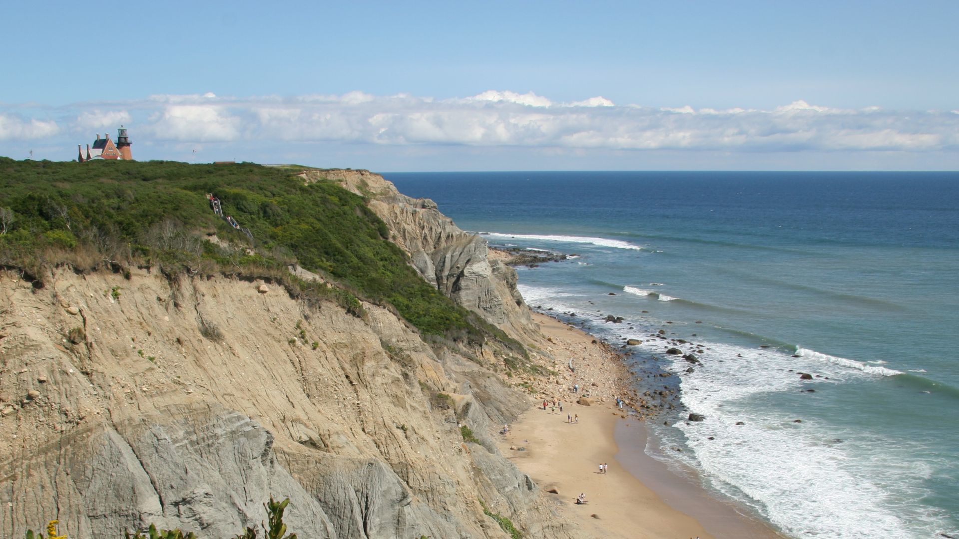 Mohegan Bluffs on Block Island's south shore — 150-foot clay cliffs above the beach.