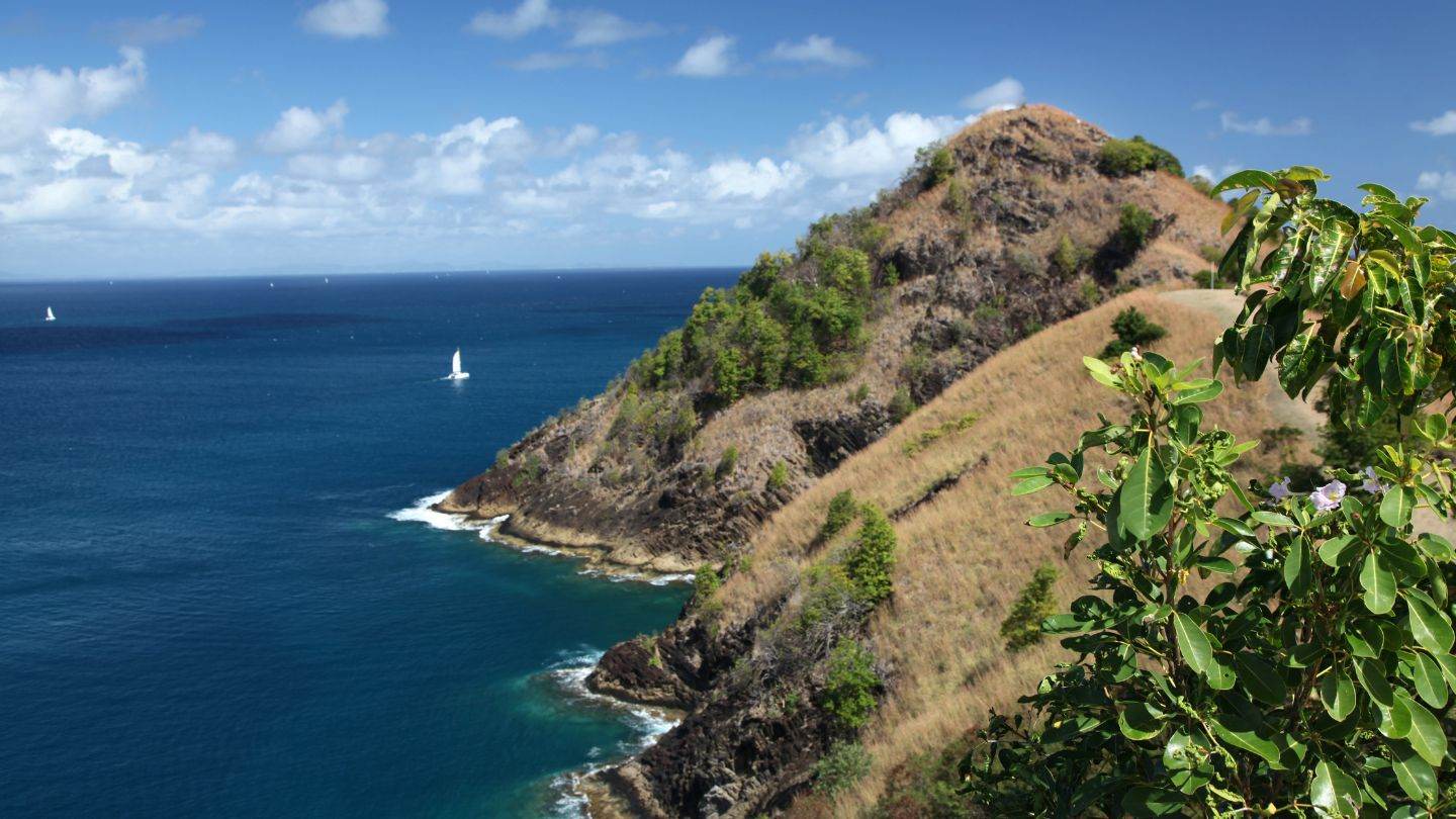 Pigeon Island's ridge trail above the channel, a sailing catamaran working past below