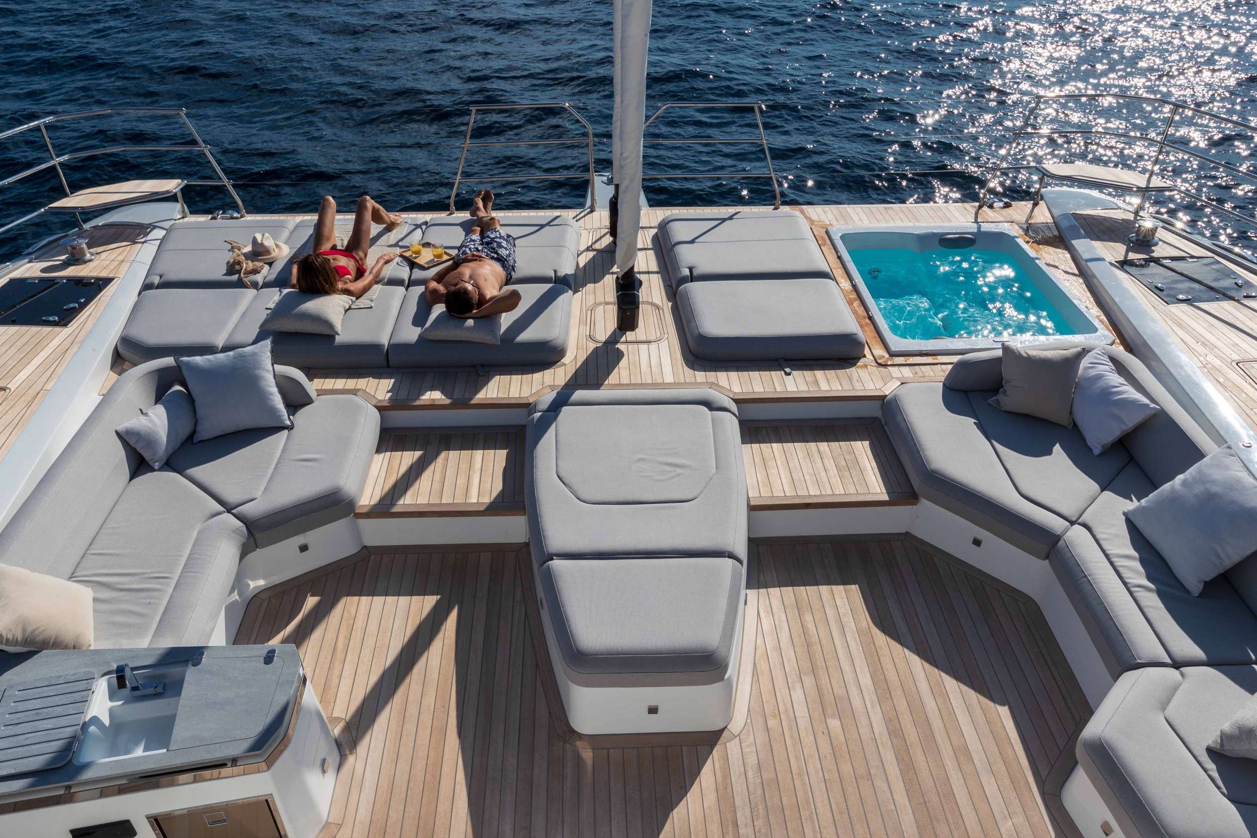Sundeck and lounge on a crewed motor yacht in the Caribbean Leewards