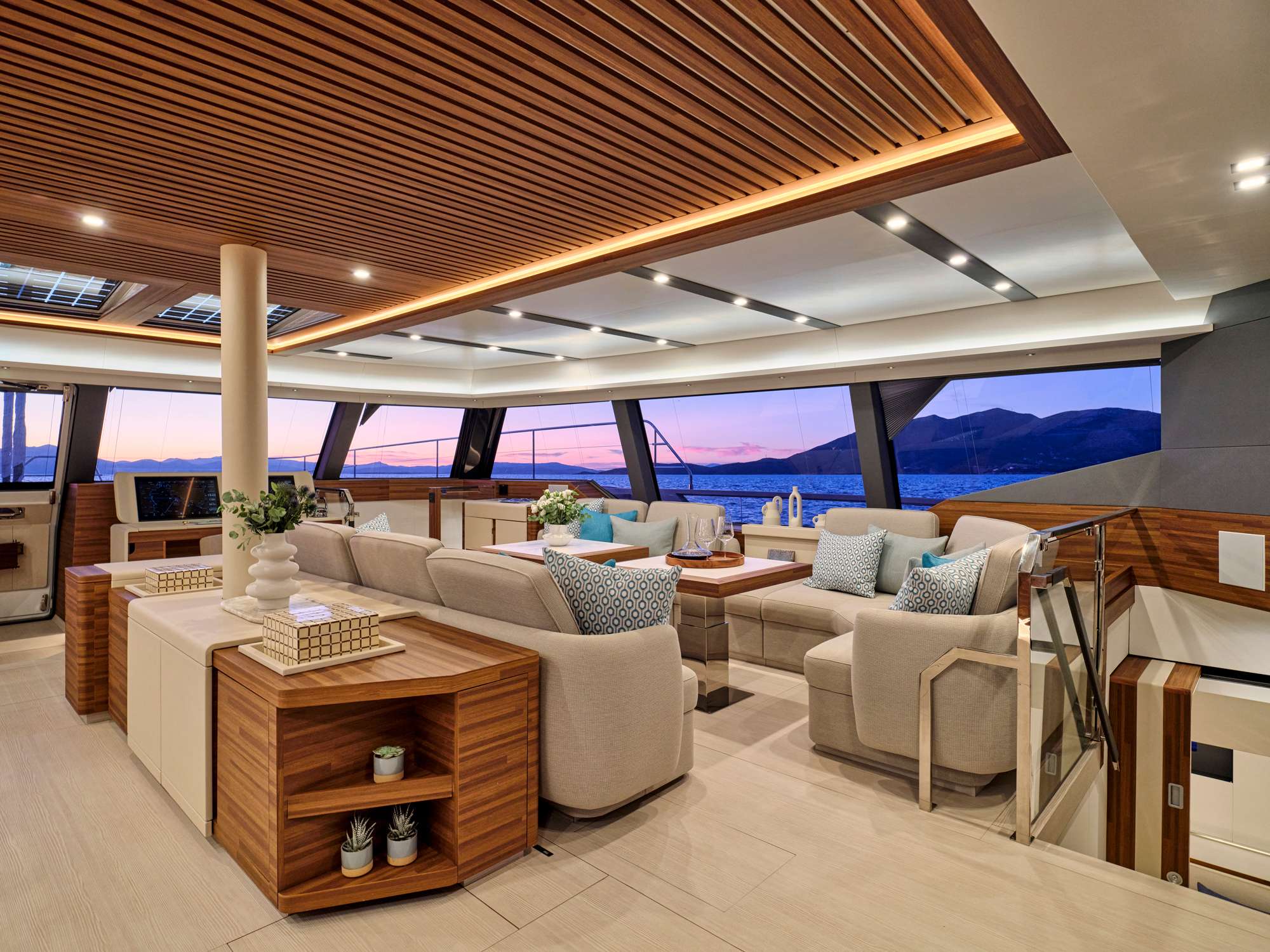 Decks and lounge spaces on a crewed motor yacht in the Caribbean Leewards
