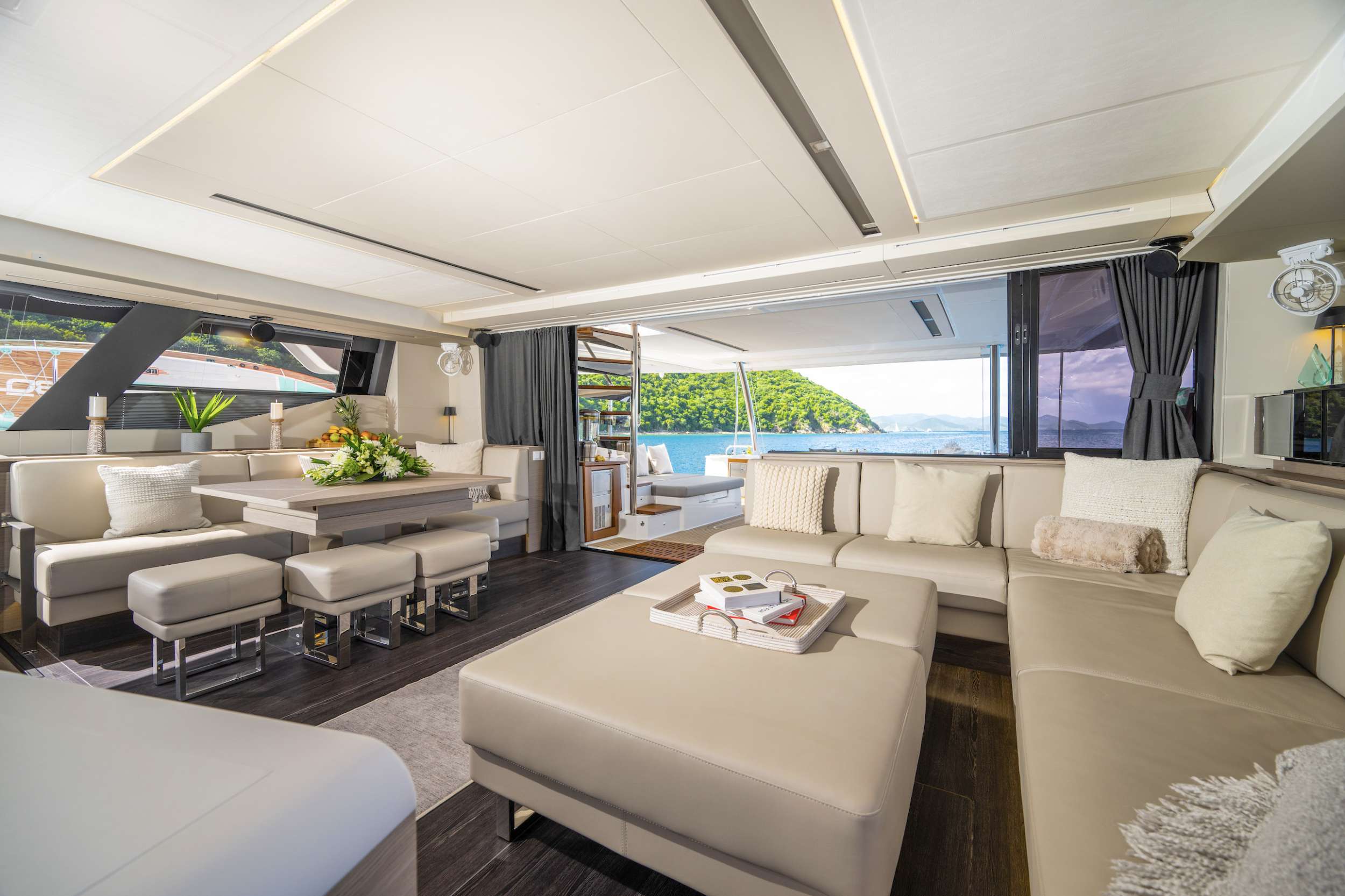 Crewed sailing catamaran underway off the French side of St. Martin