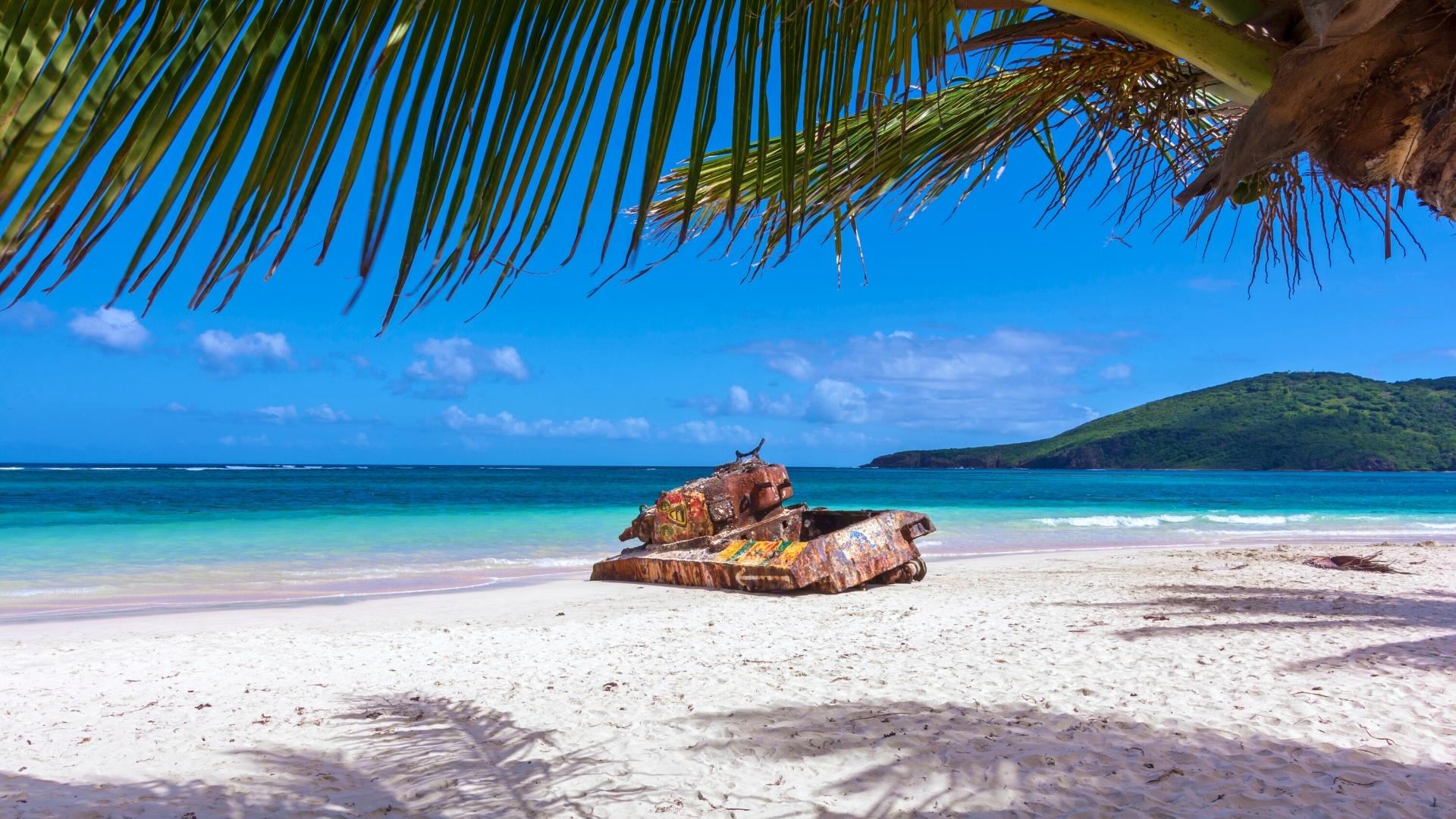Rusted Sherman tank at Playa Flamenco — Culebra's bombing-range monument