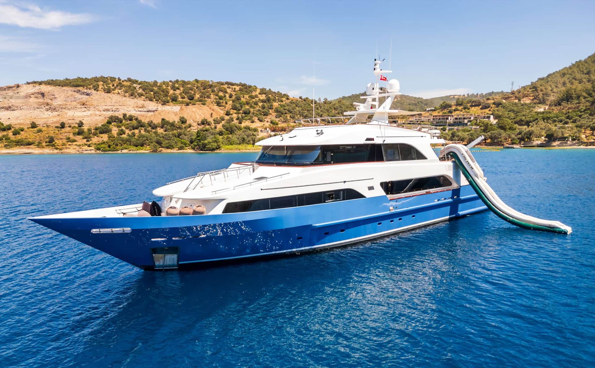 A crewed motor yacht at anchor on the Turkish coast — Bodrum-peninsula slopes behind.