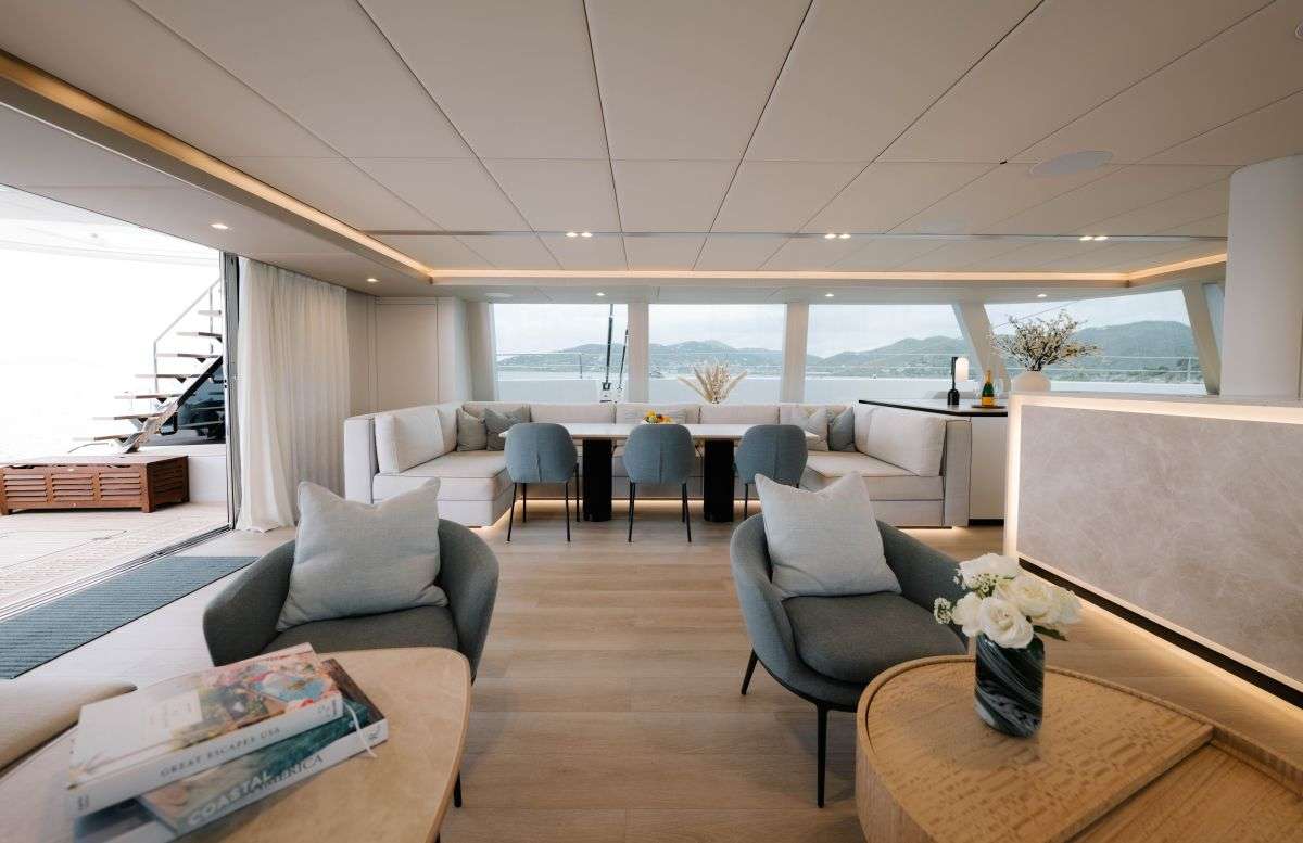 Salon interior of a crewed catamaran in the US Virgin Islands