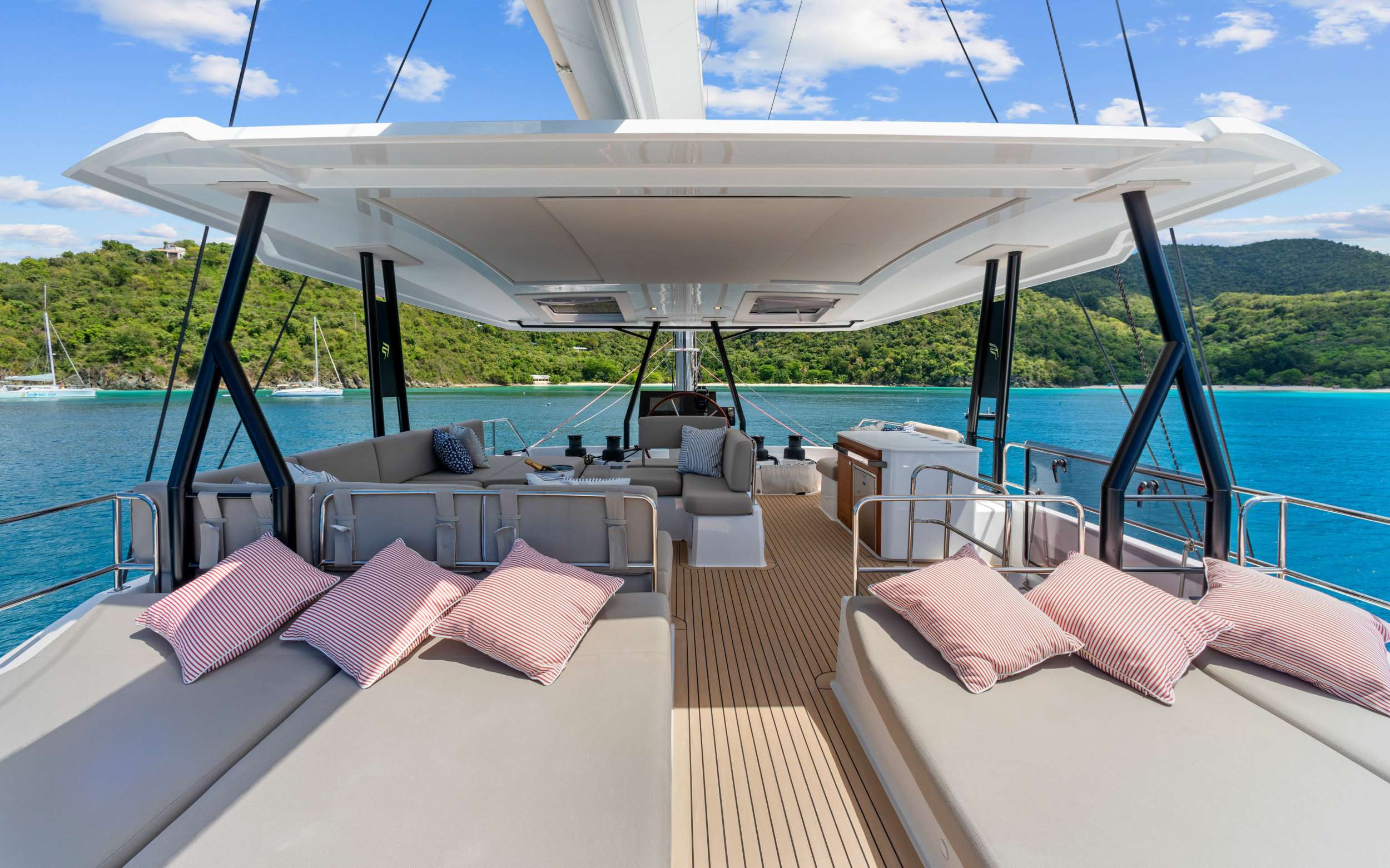 Crewed catamarans anchored off a US Virgin Islands beach